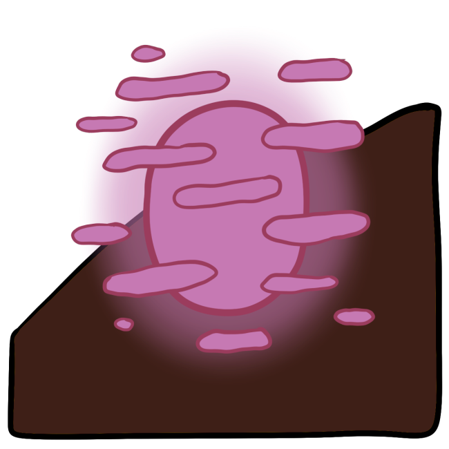 A pink glowing oval with little horizontal pink blobs across and around it. Curved dark brown skin fills the bottom half of the background.